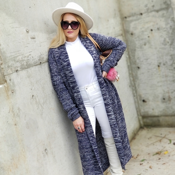 Long Navy Blue Knit Cardigan - Picture 2 of 7